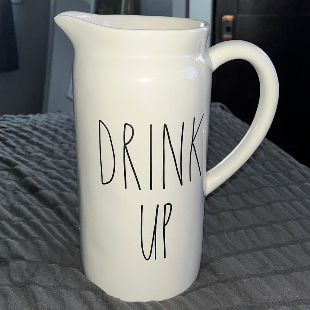 Rae Dunn, White Ceramic Pitcher with 'Drink Up' Design